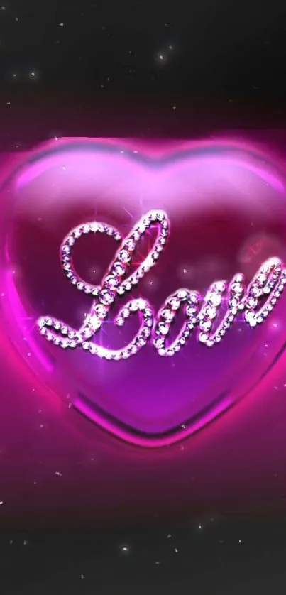 Pink heart with sparkling love text on dark background.