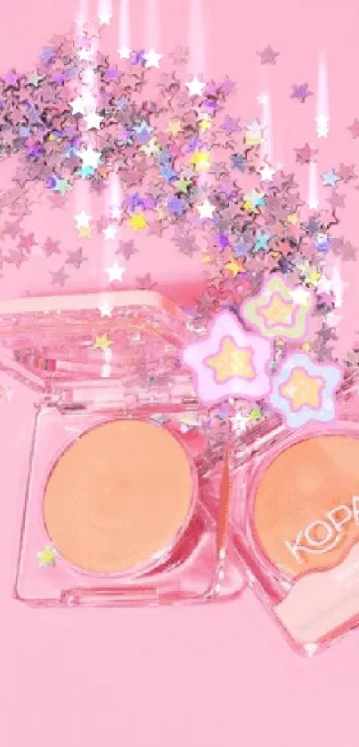 Sparkling pink makeup wallpaper with stars and compact designs.