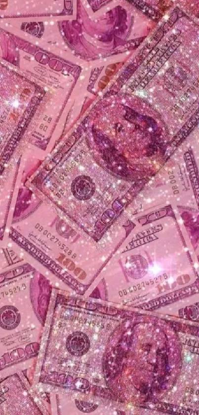 Sparkling pink money wallpaper with glittery dollar bills.