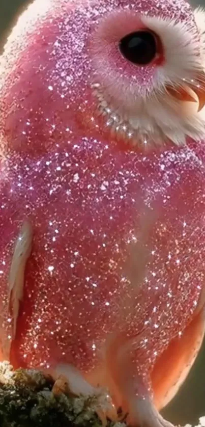 A sparkling pink owl perched, shimmering with glitter.