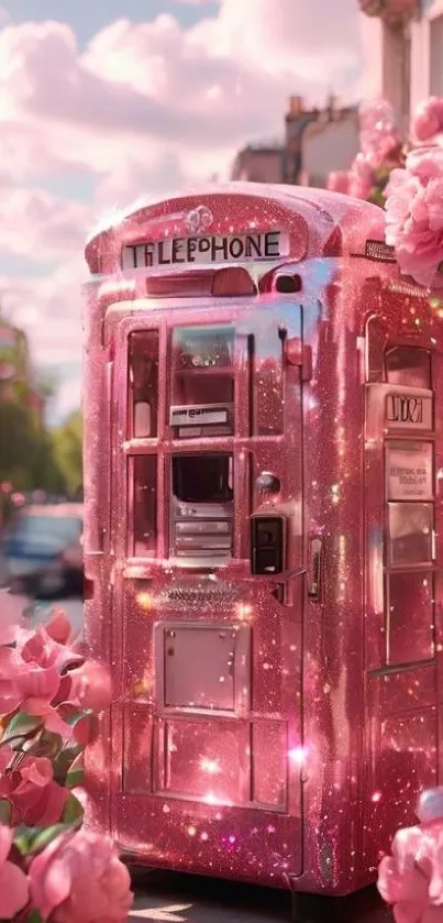 Sparkling pink phone booth surrounded by flowers and a dreamy cityscape.