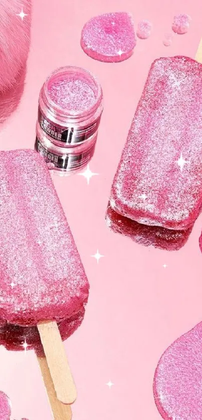 Glittery pink popsicles on a glossy pink surface.