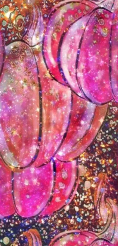 Sparkling pink pumpkins with glittery background.