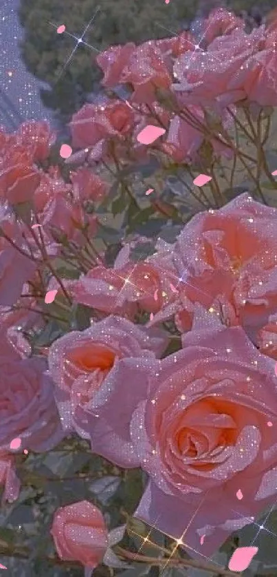 Sparkling pink roses under a starlit sky.