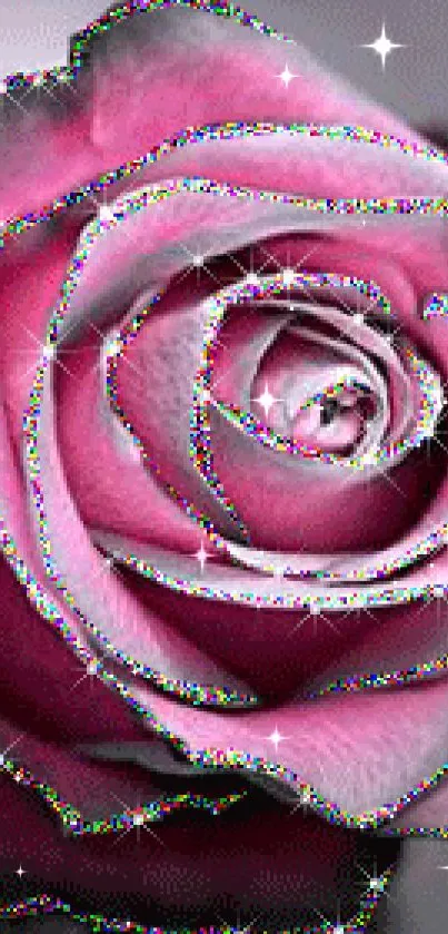 A sparkling pink rose with colorful glitter highlights against a soft background.