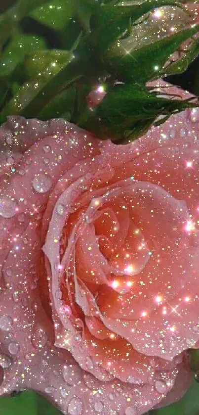 Glittering pink rose with dewdrops wallpaper