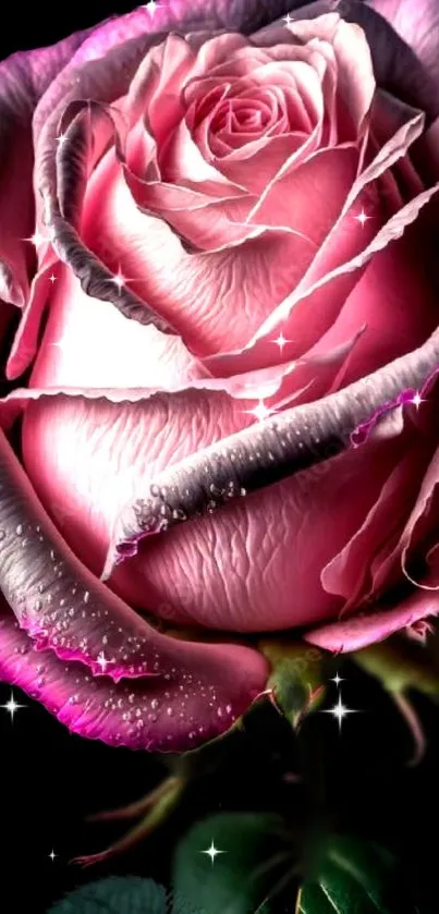 A sparkling pink rose with dewdrops on black background.