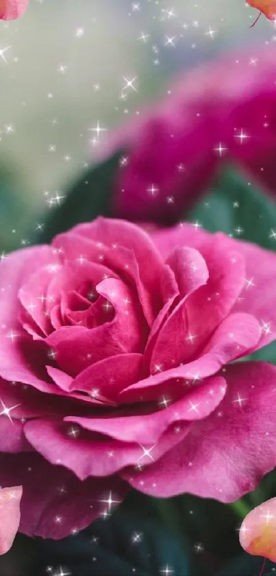 Mobile wallpaper with a sparkling pink rose and petals.