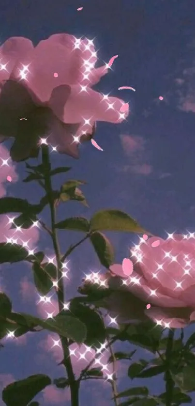 Sparkling pink roses under a serene sky.