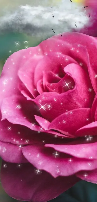 A glittering pink rose with sparkles and clouds