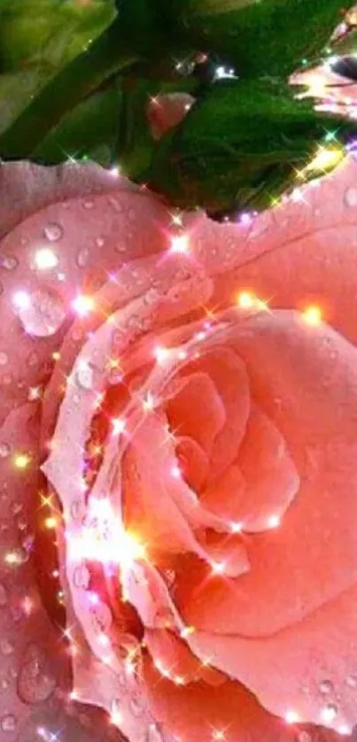 Glittering pink rose with dewdrops and sparkles.