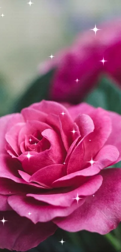 Sparkling pink rose with green leaves as a mobile wallpaper.