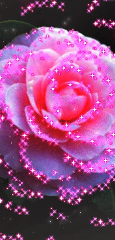 Sparkling pink rose with vibrant petals and swirling stars.