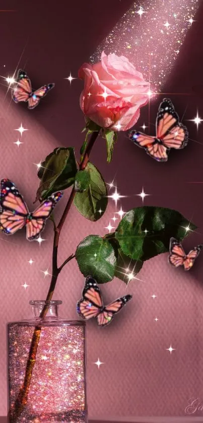 Pink rose in vase with butterflies and sparkles, creating a whimsical atmosphere.