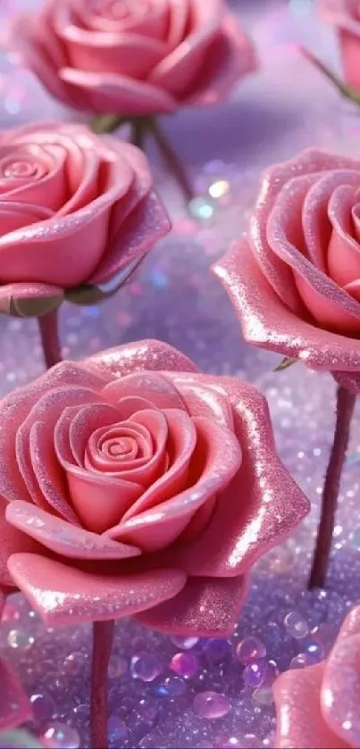 Sparkling pink roses on a lavender background with glittering details.