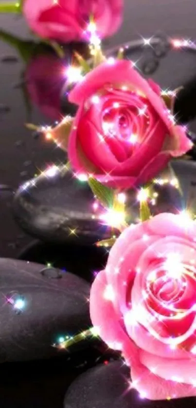 Pink roses with sparkles on dark stones, creating a stunning wallpaper.