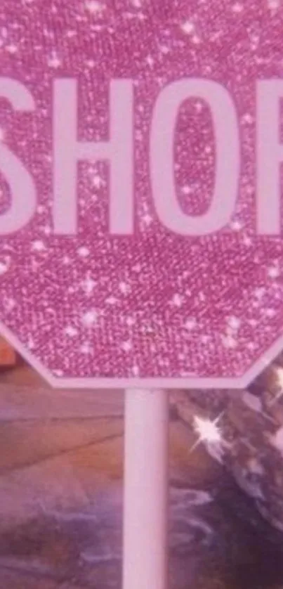 Sparkling pink shop sign with glitter, ideal for chic mobile wallpaper.