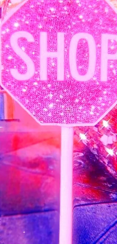 A sparkling pink stop sign with 'SHOP' in bold letters.