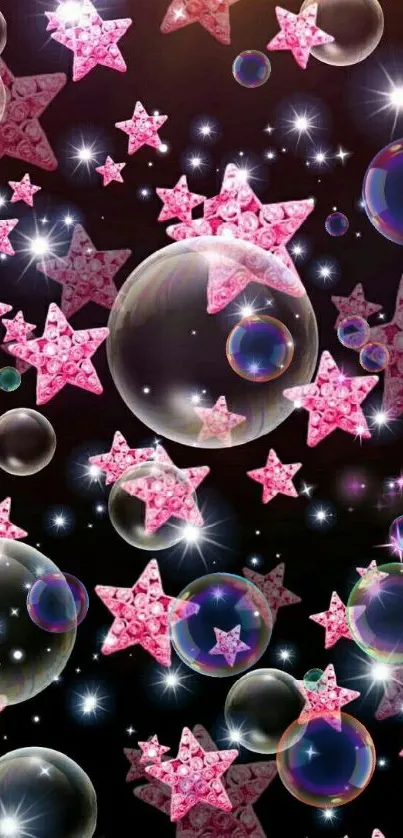 Mobile wallpaper with pink stars and bubbles on a dark background.