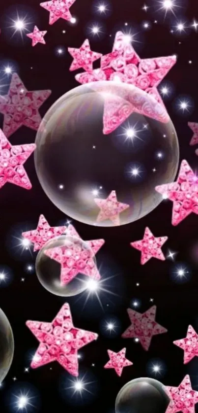 Mobile wallpaper with pink sparkling stars on a black background.