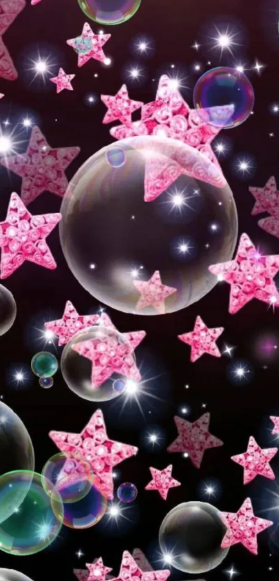 Pink stars and bubbles with sparkling effects on black background.