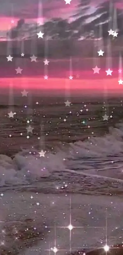 Sparkling pink sunset beach with gentle waves.