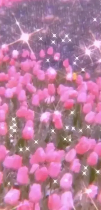 A field of sparkling pink tulips on a mobile wallpaper with glittering effects.