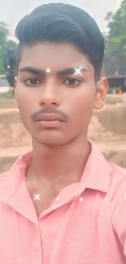 A youthful portrait with sparkling star effects on a soft pink shirt.