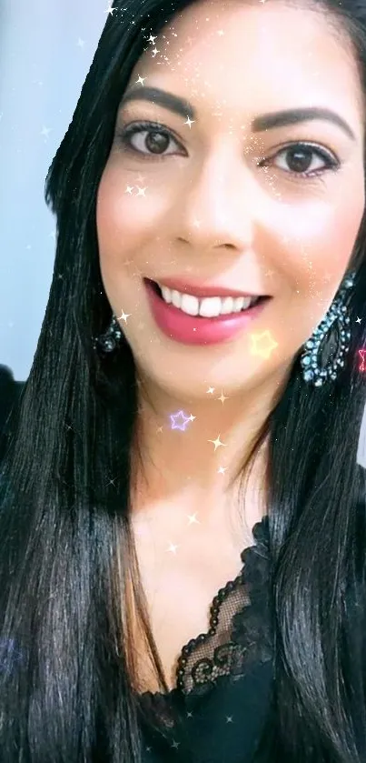 Smiling woman with sparkling stars on a light pink background.