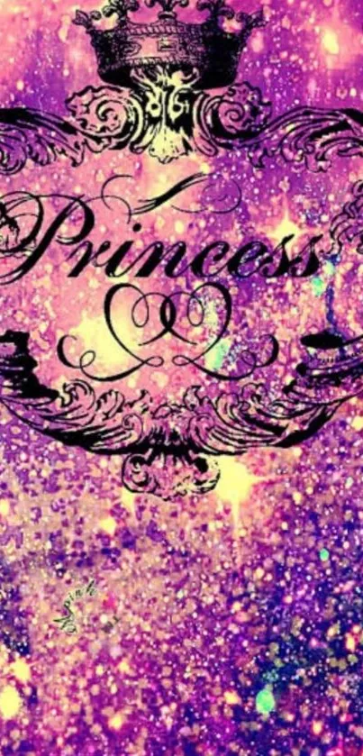 Purple glitter wallpaper with princess crown and text design.