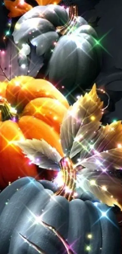 Vibrant sparkling pumpkins with glowing leaves in autumn colors.