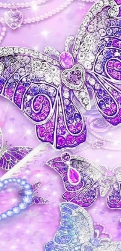 Intricately designed purple butterfly with jewels on a lavender background.