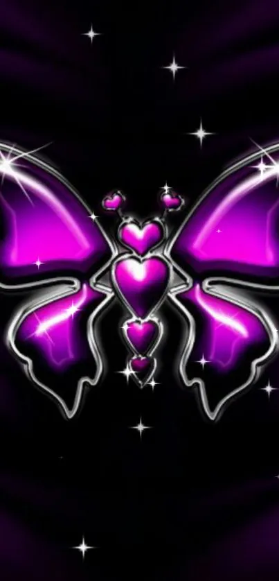 Vibrant purple butterfly wallpaper with sparkling stars on black background.