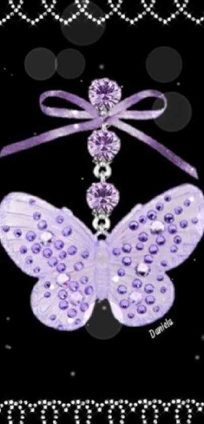 Lavender jeweled butterfly on black background with elegant border.