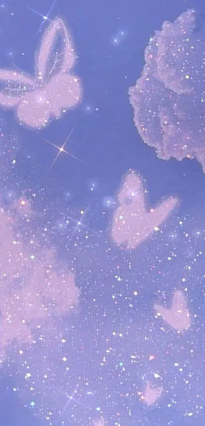 Purple sky with butterflies and glittery clouds wallpaper.