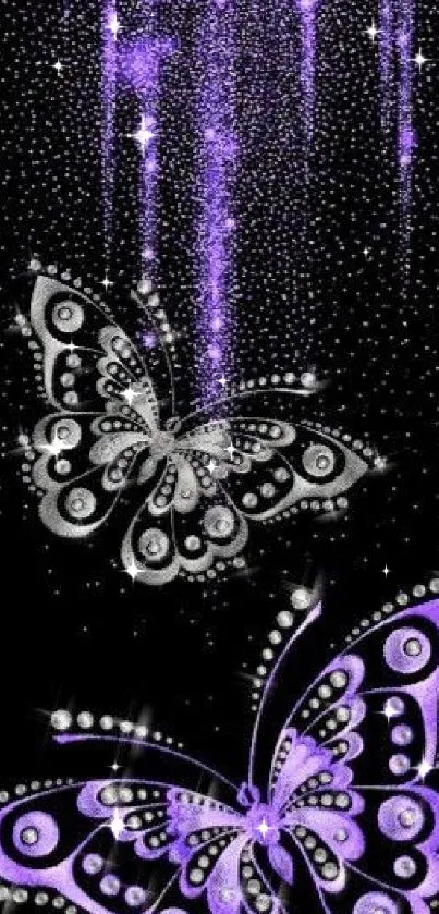 Purple butterflies with sparkling design on dark background.