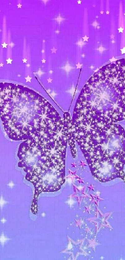 Sparkling purple butterfly with stars on a vibrant background.