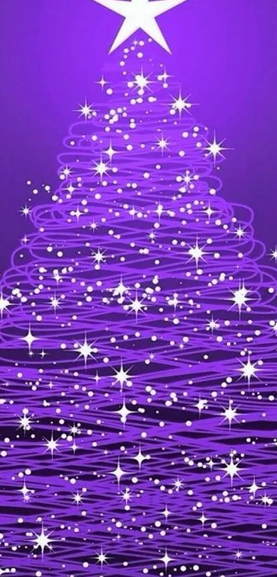 Purple Christmas tree with sparkling lights and a star on top.