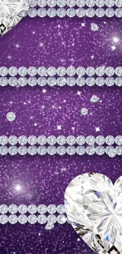 Sparkling diamond hearts on purple background.