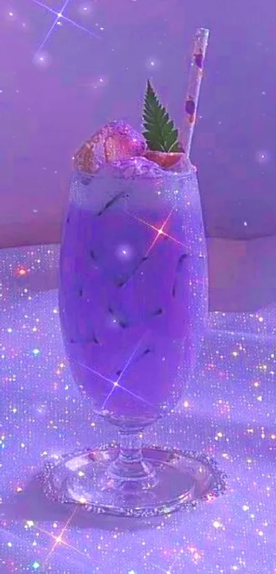 Sparkling purple drink with colorful shimmering lights in a luxurious setting.