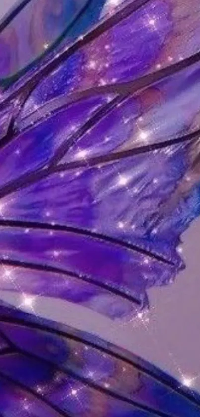 Close-up of sparkling purple fairy wings with a mystical glow.