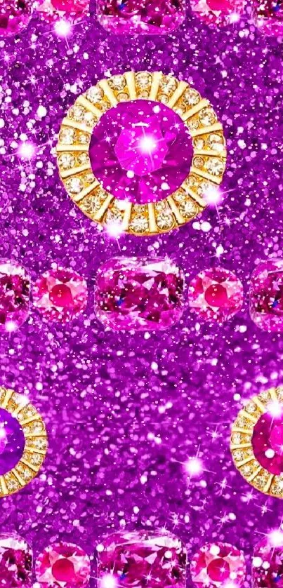 A dazzling purple gem wallpaper with gold accents and glitter.