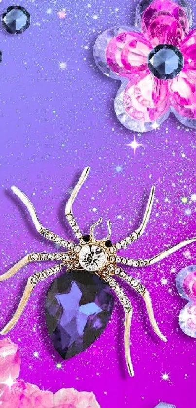 Purple wallpaper with sparkling spider and floral design.