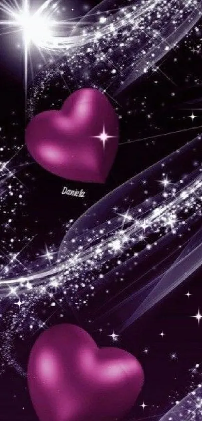 Purple hearts mobile wallpaper with sparkling stars.