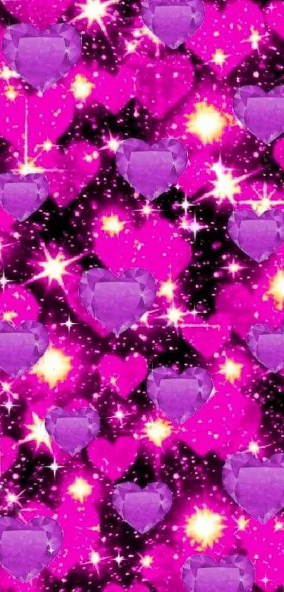 Sparkling purple hearts with stars wallpaper.