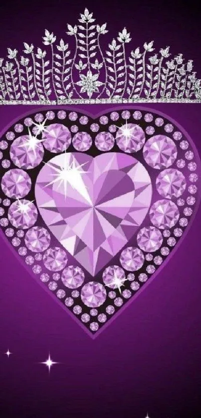 Purple heart and crown wallpaper with sparkling jewels.