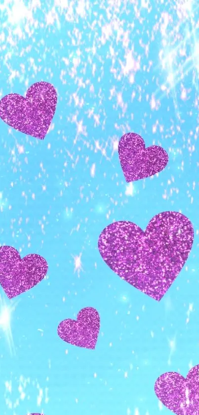 Mobile wallpaper with purple glitter hearts on a blue background.