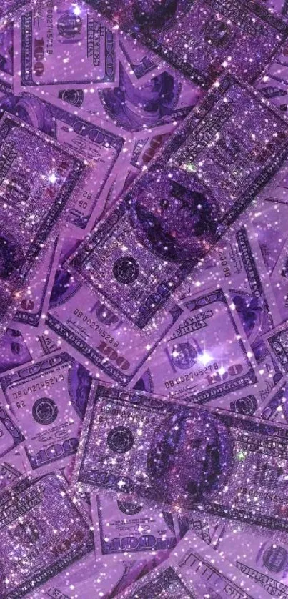 Purple glitter wallpaper with dollar bills, stylish and luxurious design.