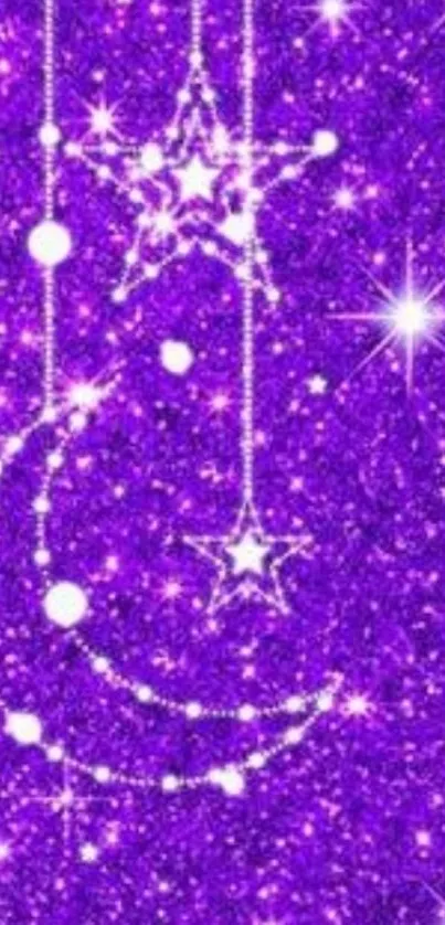 Sparkling purple night sky wallpaper with stars and crescent moon.