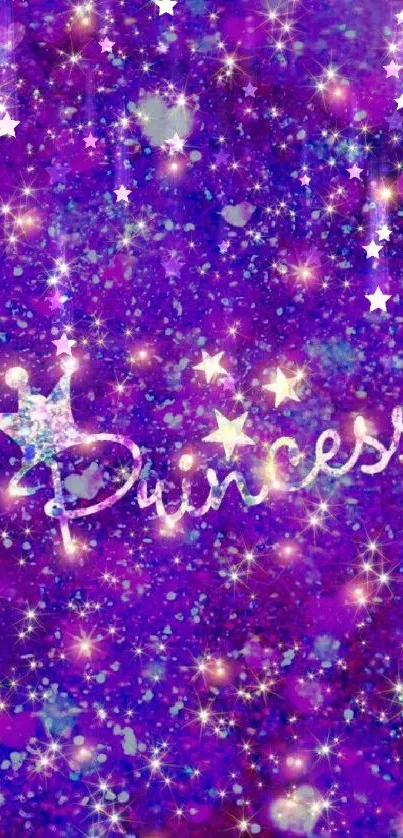 Purple glitter princess wallpaper with stars and sparkles.